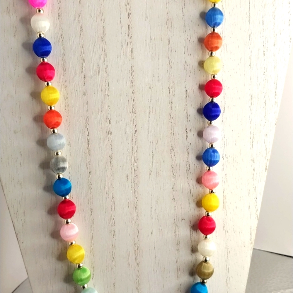 Vintage Costume Gold Tone Spacers Multi Colored Stain Beaded Necklace 15.5"